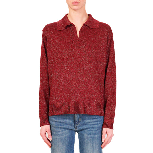 Tension in-Lurex Polo Neck Sweater - Bordeaux