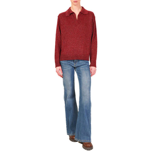 Tension in-Lurex Polo Neck Sweater - Bordeaux
