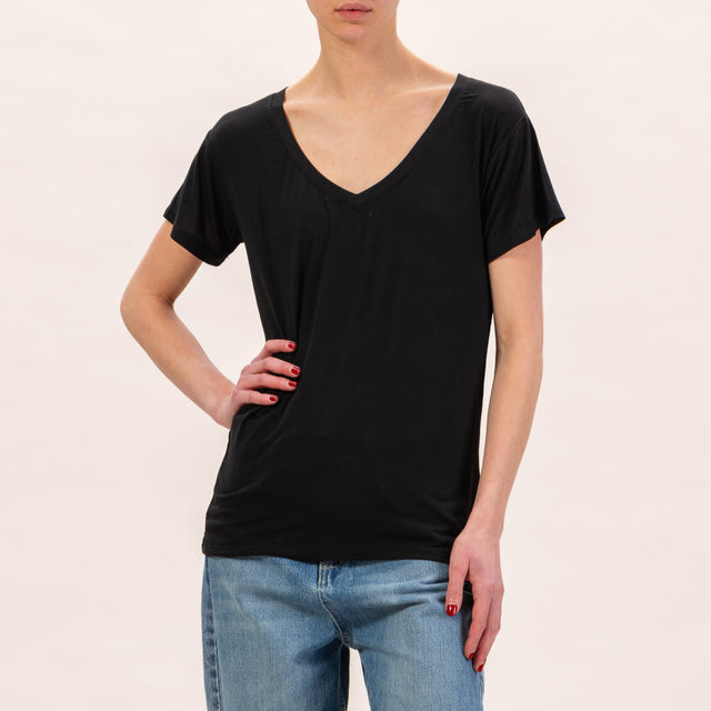 Zeroassoluto-T-shirt scollo v in seta - nero