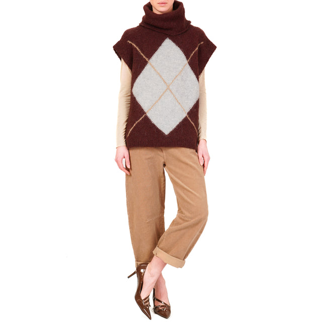 Haveone-Maglia collo alto rombo in mohair - bordeaux/azzurro/cammello