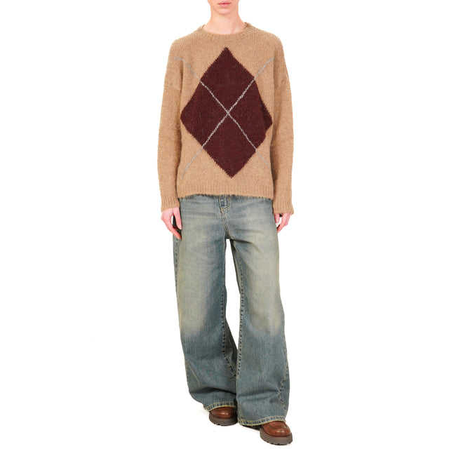 Haveone-Maglia mohair girocollo con rombo - cammello/bordeaux/grigio