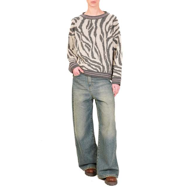 Haveone-Maglia mohair girocollo animalier - antracite/panna/rosa