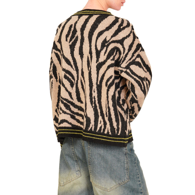 Haveone-Maglia mohair girocollo animalier - nero/beige/lime