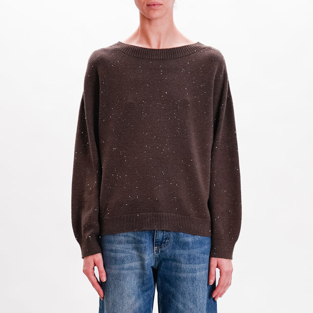 Haveone-Maglia girocollo con micro paillettes - moro