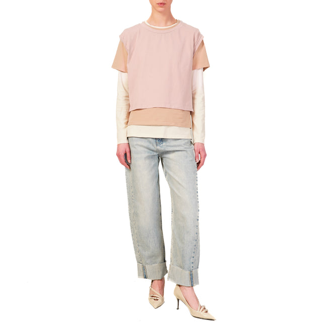 Zeroassoluto-Set tre t-shirt in jersey elasticizzato - rosa/peach/burro