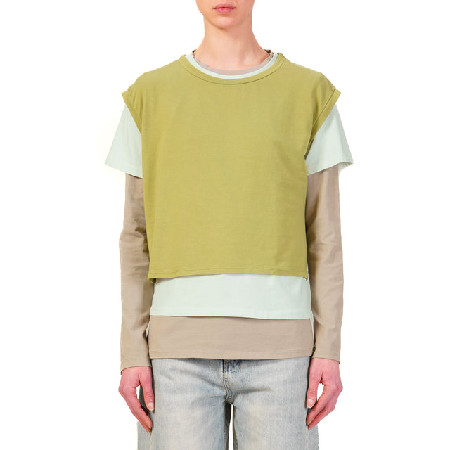 Zeroassoluto-Set tre t-shirt in jersey elasticizzato - oliva/acqua/taupe