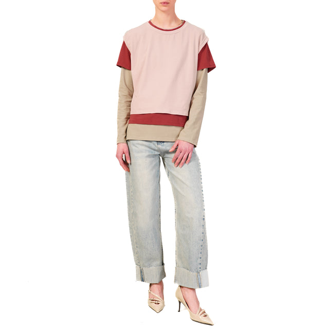 Zeroassoluto-Set tre t-shirt in jersey elasticizzato - rosa/cherry/taupe