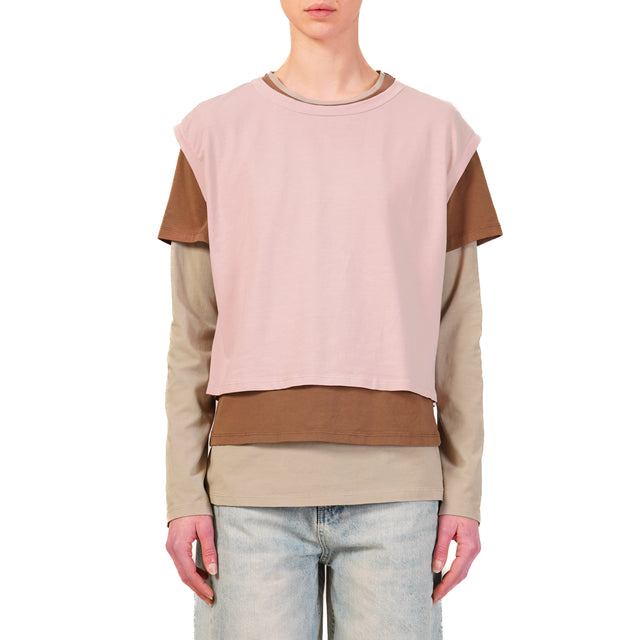 Zeroassoluto-Set tre t-shirt in jersey elasticizzato - rosa/moka/taupe