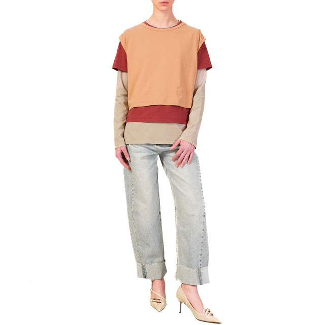 Zeroassoluto-Set tre t-shirt in jersey elasticizzato - peach/cherry/taupe