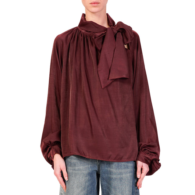 Haveone-Balloon Sleeve Shirt with Bow - Wine