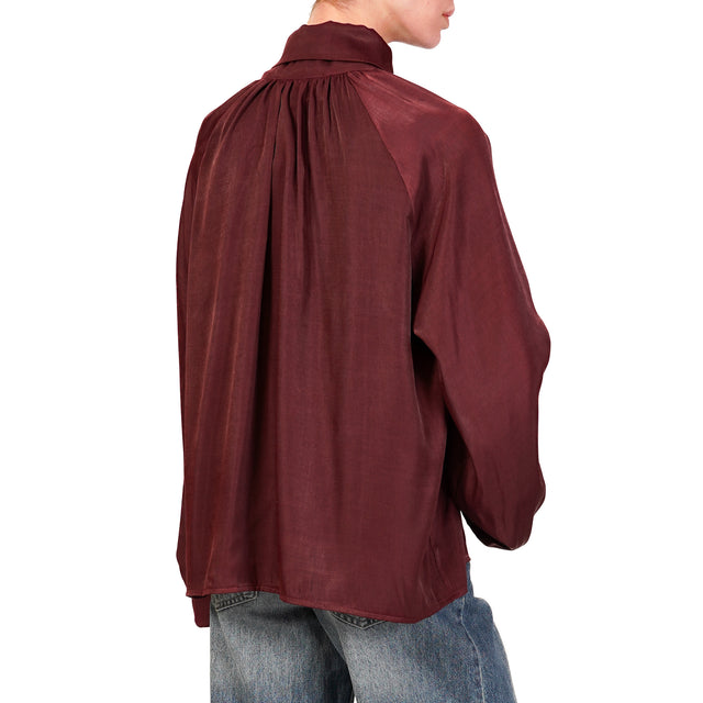 Haveone-Balloon Sleeve Shirt with Bow - Wine