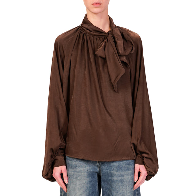 Haveone-Balloon Sleeve Shirt with Bow - Dark Brown