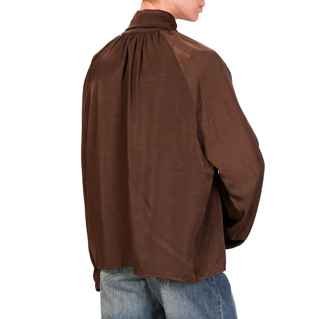 Haveone-Balloon Sleeve Shirt with Bow - Dark Brown