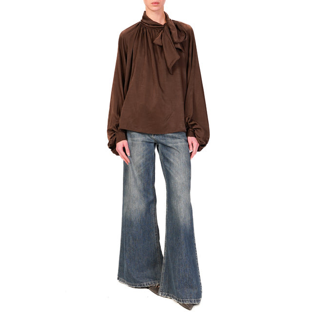 Haveone-Balloon Sleeve Shirt with Bow - Dark Brown