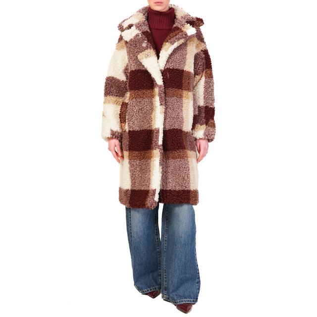 Tensione in-Cappotto teddy check con spille - bordeaux/latte/beige