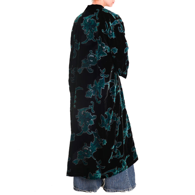 Wu'side-Long devorè velvet kimono - teal/black