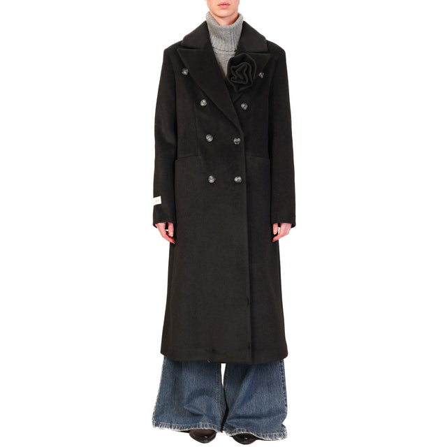 Haveone-Cappotto doppiopetto con spilla - nero