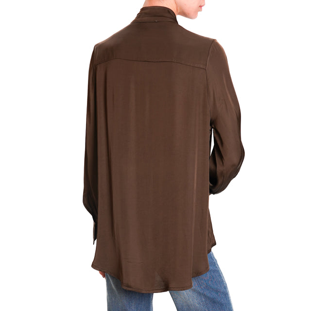 Vicolo-Satin Shirt with Jabot - Dark Brown