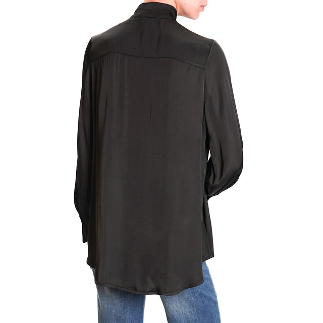 Vicolo-Satin Shirt with Jabot - Black