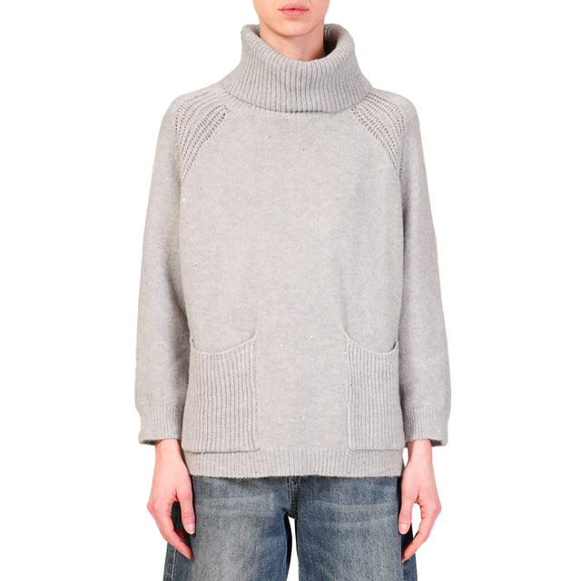 Haveone-High Neck Sweater with Pockets and Sequins - Pearl