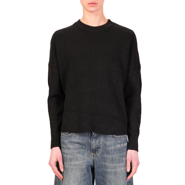 Haveone-Ribbed Crewneck Sweater - Black