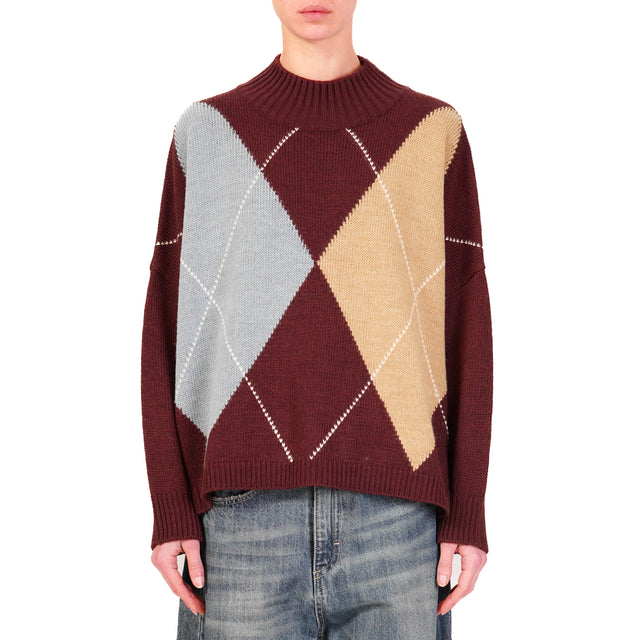 Haveone-Alpaca Mixed Box Diamond Sweater - Wine/Blue/Camel