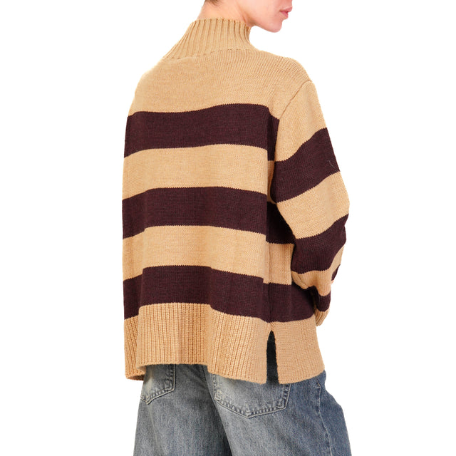 Tensione in-Maglia a righe misto alpaca - camel/bordeaux