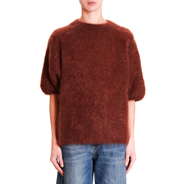 Dixie-Mohair Crewneck Half Sleeve Sweater - Coffee