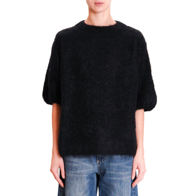 Dixie-Mohair Crewneck Half Sleeve Sweater - Black