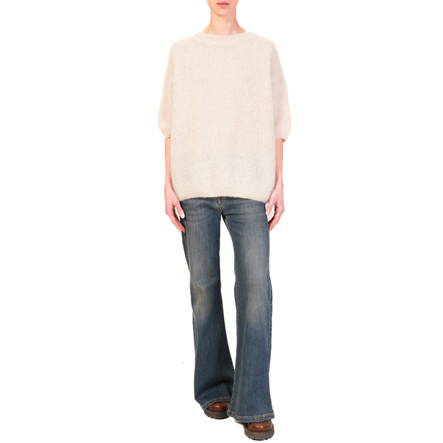 Dixie-3/4 Sleeve Crewneck Mohair Sweater - Cream