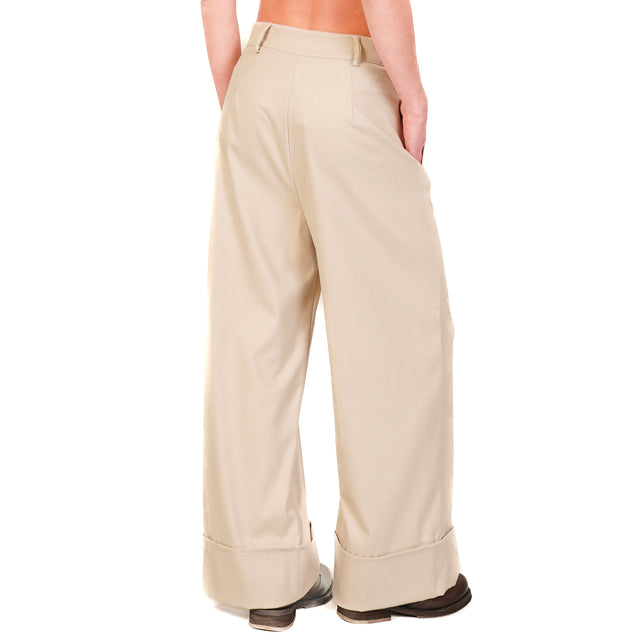 Dixie-Pantalone in flanella con risvolto - sand