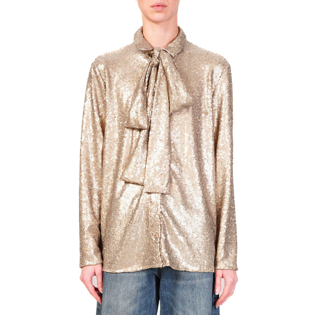 Haveone-Sequin Shirt with Removable Bow - Gold