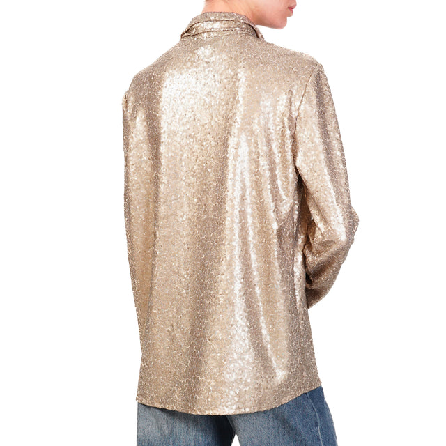 Haveone-Sequin Shirt with Removable Bow - Gold