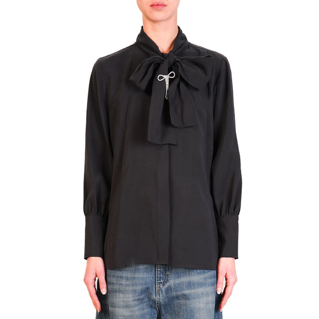 Haveone-Camicia con fiocco dettaglio spilla - nero