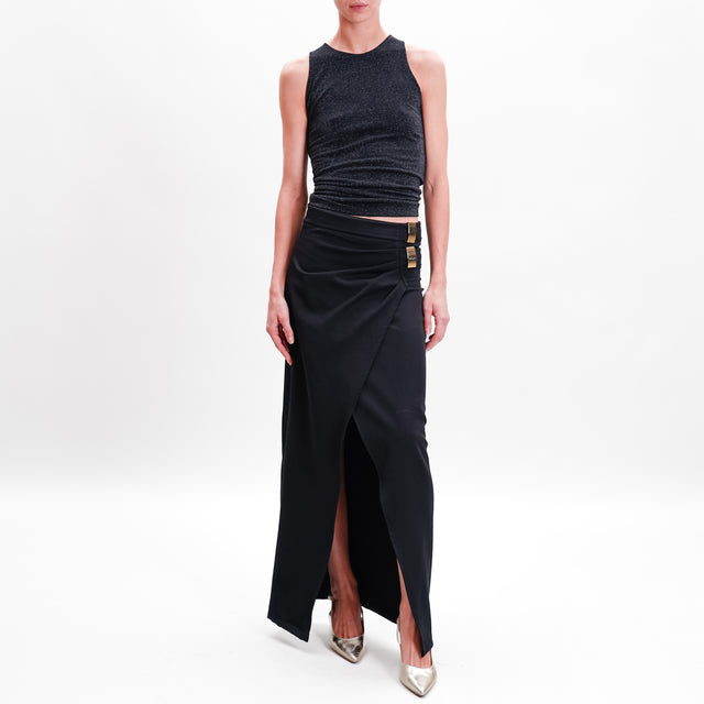 Haveone-Straight Skirt Front Slit Double Buckle - Black