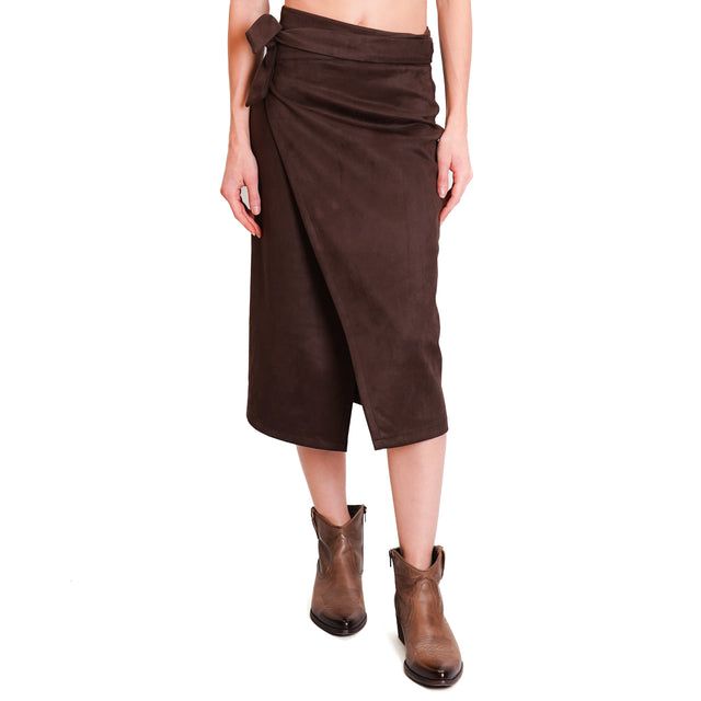 Haveone-Suede Effect Wrap Skirt - Dark Brown