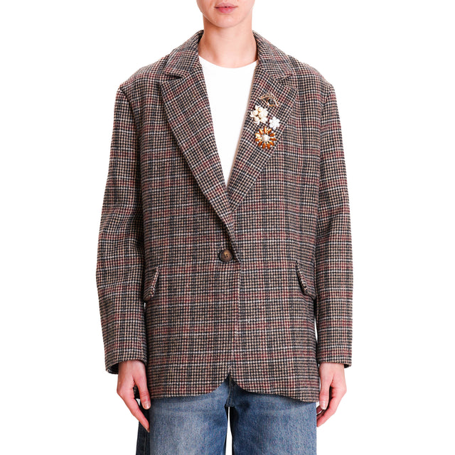 Haveone-Pied de poule jacket with pins - biscuit/black/wine