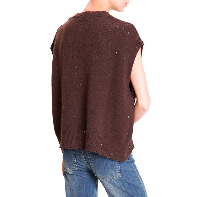 Haveone-Micro Sequin Knit Vest - Dark Brown