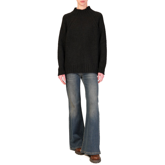 Haveone-Alpaca Blend Crater Neck Sweater - Black