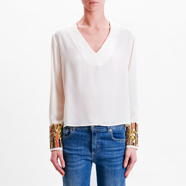 Haveone-Blusa scollo v dettaglio paillettes - latte