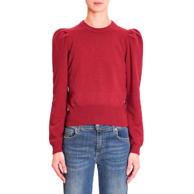 Haveone-Puff Sleeve Crewneck Sweater - Burgundy