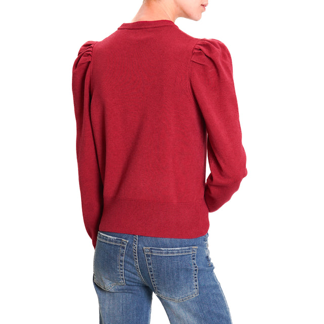 Haveone-Puff Sleeve Crewneck Sweater - Burgundy