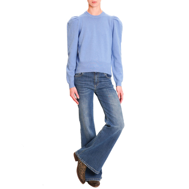 Haveone-Puff Sleeve Crewneck Sweater - Light Blue