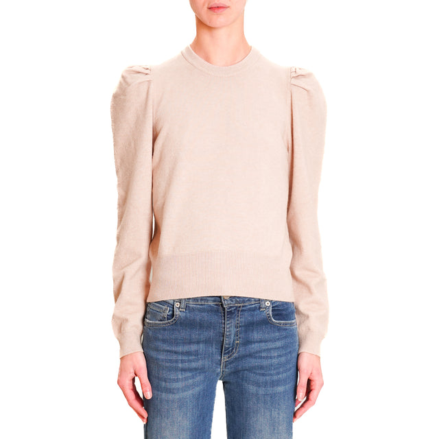 Haveone-Puff Sleeve Crewneck Sweater - Powder