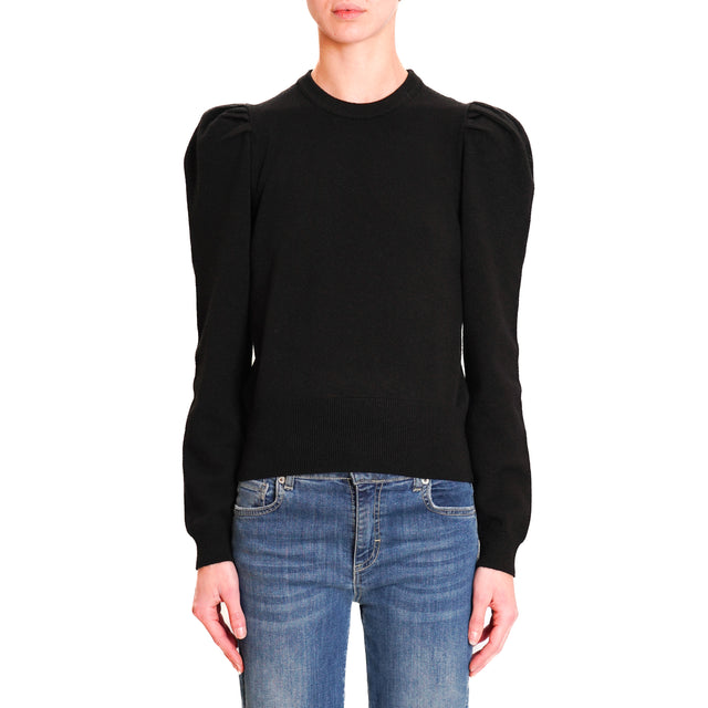 Haveone-Puff Sleeve Crewneck Sweater - Black