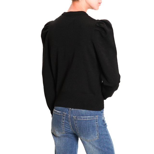 Haveone-Puff Sleeve Crewneck Sweater - Black