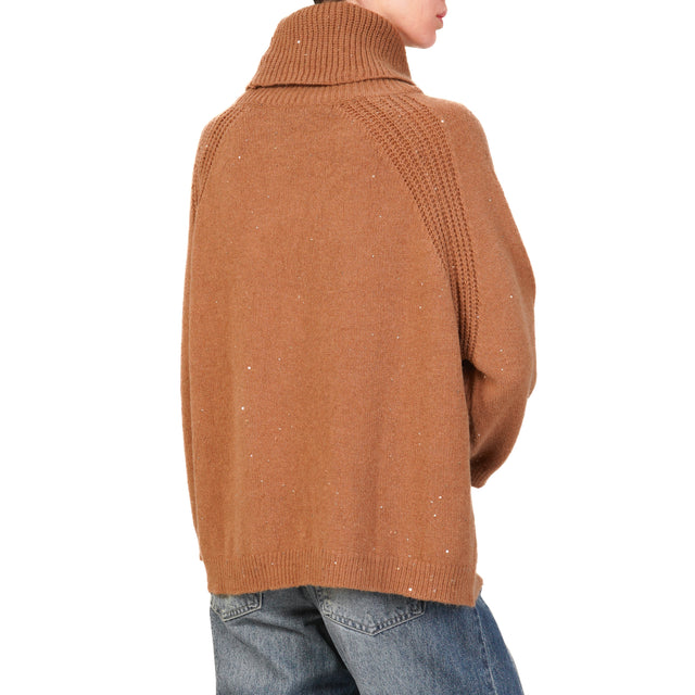 Haveone-High Neck Sweater with Pockets and Sequins - camel