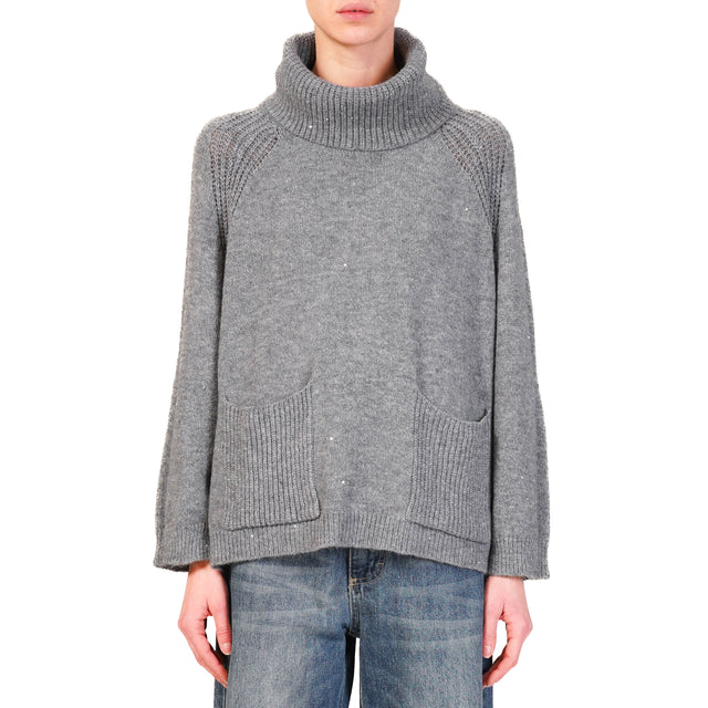 Haveone-High Neck Sweater with Pockets and Sequins - Charcoal