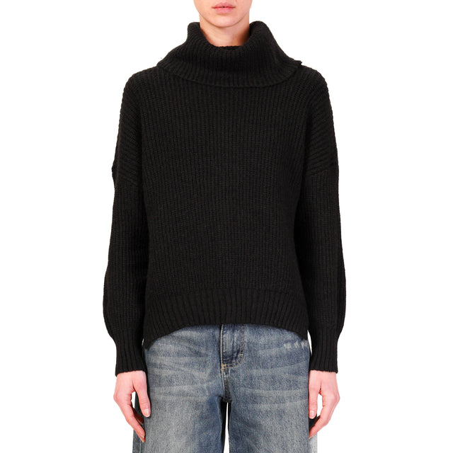 Haveone-Ribbed Turtleneck Sweater - Black