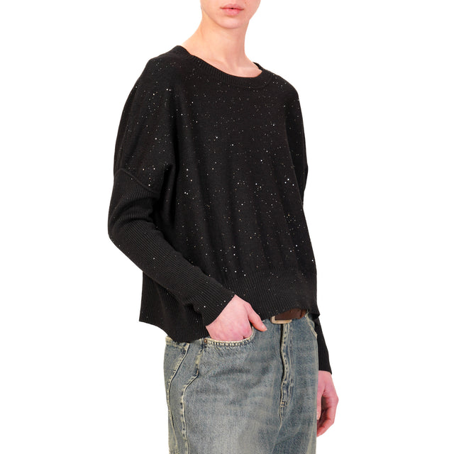 Haveone-Micro Sequin Crewneck Sweater - Black